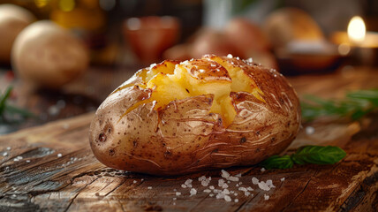 Baked potato on a rustic wooden table with salt.