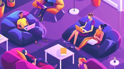 Modern coworking office banner for freelancers, startups, or businesses. Modern landing page with isometric people with laptops and coworking spaces.