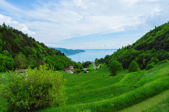 Lake Garda, during spring, seen from Mount Cas, near the town of Piovere, Italy - May 4, 2024