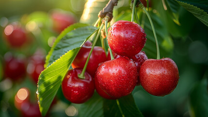 Close-up of ripe red cherries with dew on a tree branch, green leaves