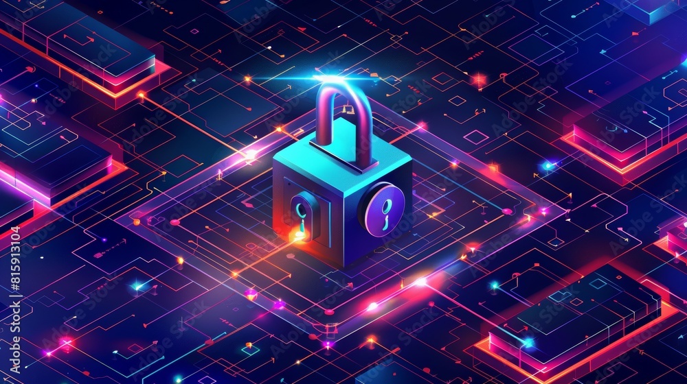 Poster a modern web banner with an isometric sideview. a large lock with a combination lock and electronic 