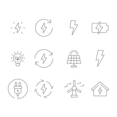 Energy icon set. Simple outline style. Electric, power, save, solar panel, battery, light, charge, wind turbine, green energy concept. Thin line symbol. Vector illustration isolated. Editable stroke.