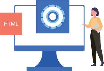 The girl is standing next to a monitor.