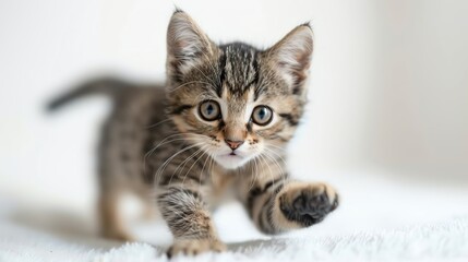 Obraz premium Playful Bengal kitten leaping, captured in mid-air, clean white setting