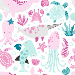 Vector cute seamless pattern with sea creatures, shells and seaweed. Whale, octopus, narwhal, crab, turtle, hammerhead shark. Creative kids texture for fabric, wrapping, textile, wallpaper. Nursery.