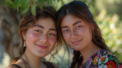 Fototapeta premium Smiling central Asian young women looking at the camera. 