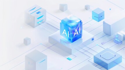 On a white background, with a blue and grey color theme featuring isometric abstract tech elements