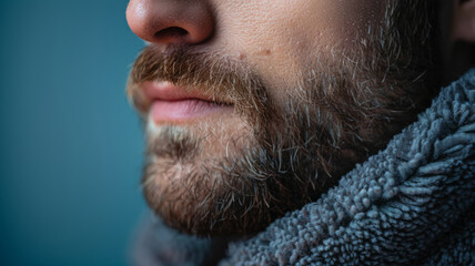 Fototapeta premium Close-up of a man's bearded face, focusing on lips and facial hair.