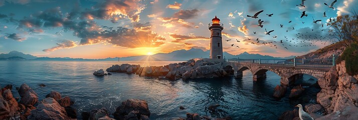 Lighthouse tower at the end of bridge to blue sea with seagulls and sunset sky and background of islands realistic nature and landscape - Powered by Adobe