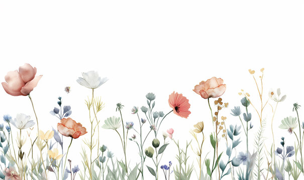Watercolor wildflower border, pastel colors, simple design, white background, minimalistic, in the style of simple