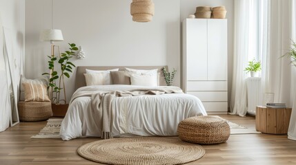 Minimalist bedroom with white linens, light wood furniture, and boho decor, great for simple and relaxed living spaces.