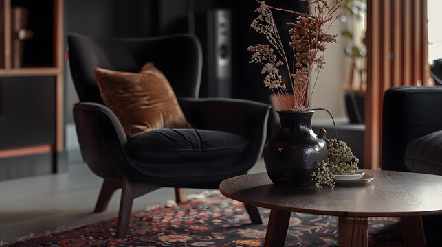 Warm and cozy living room interior with black armchair round coffee table patterned pillow navy carpet vase with dried flowers and personal accessories Home decor Template : Generative AI