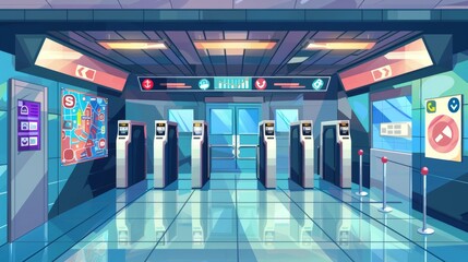 Turnstile entrance gates to metro station, empty underground interior of metro station with city map, ATM and advertising banners. Urban infrastructure, ticket access to public place. Cartoon modern