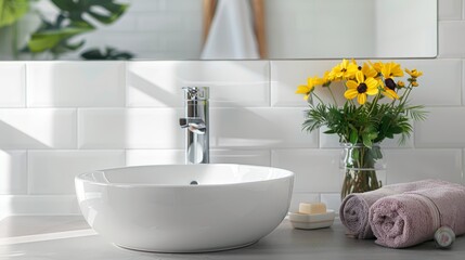 Modern Bathroom with White Sink and Stylish Decor, Featuring Elegant Fixtures and Natural Light