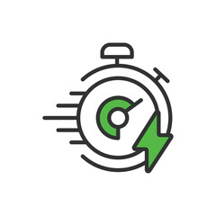 Fast recharging, in line design, green. Fast, recharging, quick, rapid, speed, swift, efficient on white background vector. Fast recharging editable stroke icon.