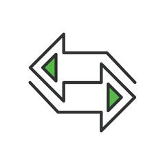 Right left arrows, in line design, green. Right, left, arrows, directional, navigation, pointer, movement on white background vector. Right left arrows editable stroke icon.