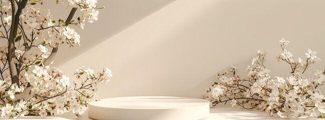 Elegant 3D Rendered Podium with Spring Flowers for Beauty Product Display, Minimalist Artwork Presentation Stage in Beige