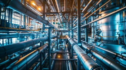 Fototapeta premium Industrial pipes and machinery in a factory, suitable for technical and industrial publications.
