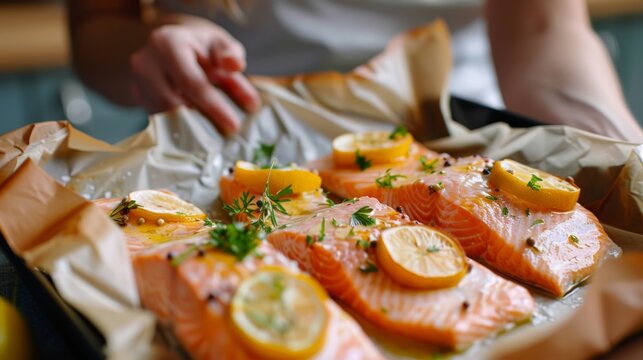 A woman cooking salmon en papillote in parchment paper, a healthy and flavorful cooking technique.