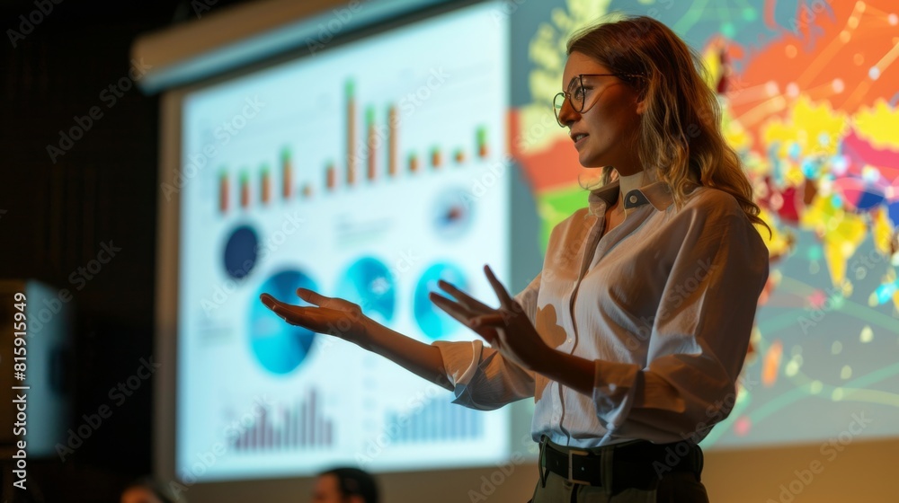 Poster a woman presenting a compelling infographic on a large screen, engaging an audience with data-driven