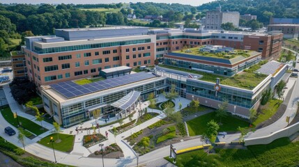 Aerial drone view of a hospital campus showcasing sustainable practices such as green roofs and solar panels for energy efficiency