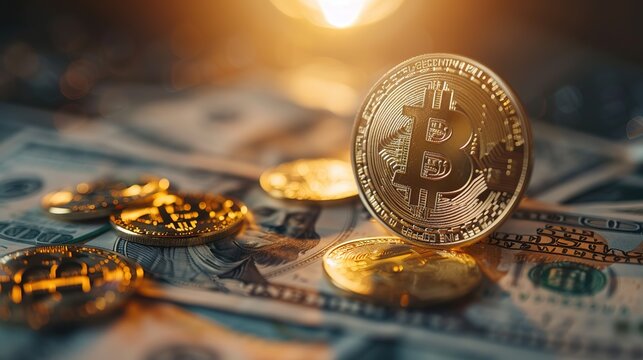 Bitcoin currency and dollar. BTC market symbol cryptocurrency rising above the united states dollar. Gold metal bitcoin on top of paper currency. Copy space for text and wording.