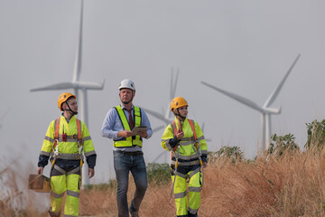 Team maintenance engineer standing discuss against turbines on wind turbine farm.	