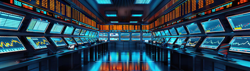 Financial Trading Firm Floor: Showing trading desks, stock market tickers, financial charts, and traders analyzing market trends