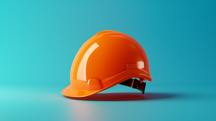 Bright orange safety helmet vividly isolated against a plain blue background, highlighting its design and safety feature.
