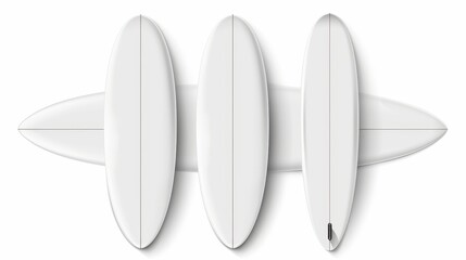 Mockup of white surfboard front, side, and back views for summer beach activity, surfing on sea waves. Mockup of white surfboard isolated on white background.