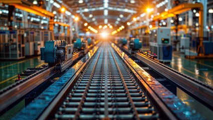 The image showcases a modern industrial setting with railway tracks and machinery, bathed in warm and cool lighting that creates a visually striking and dynamic scene.