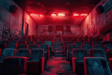 Old abandoned cinema hall with red seats and rows of chairs in dark room