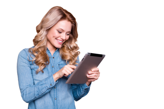 Portrait of her she nice cute lovely charming attractive cheerful cheery wavy-haired lady wearing blue shirt holding in hands new cool tablet isolated over gray pastel background