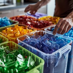 The image shows a person sorting through a large bin of colorful glass pieces.