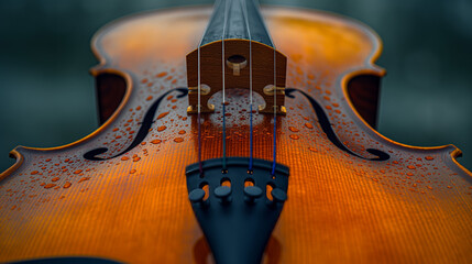a violin with water droplets on its surface. close-up macro.