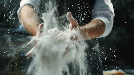 Chef preparing white flour for baked goods, flour explosion in high-speed motion