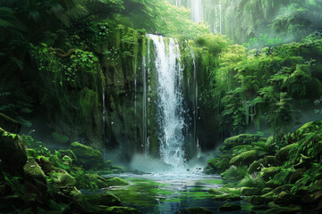 Fototapeta premium A spectacular waterfall plunging into an emerald pool below, surrounded by verdant foliage, moss-covered rocks, and misty spray, creating a mesmerizing tableau of natural beauty and aquatic splendor. 