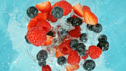 Freeze Motion of Berries Falling into Water, Splashing.