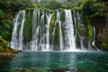 Obraz premium A spectacular waterfall plunging into an emerald pool below, surrounded by verdant foliage, moss-covered rocks, and misty spray, creating a mesmerizing tableau of natural beauty and aquatic splendor. 