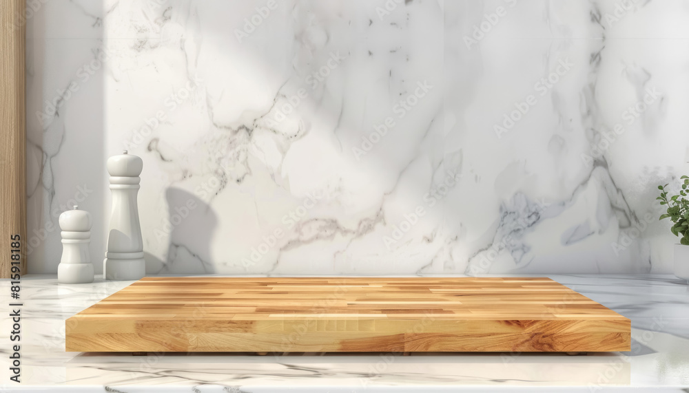 Wall mural butcher block cutting board on white marble countertop with kitchen accessories