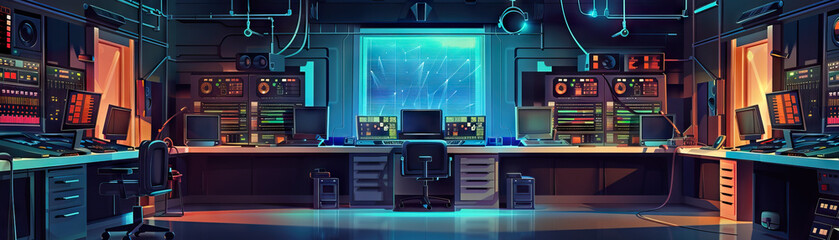 Film Production Studio Floor: Showing soundproof stages with elaborate sets, editing suites with high-end equipment, green rooms for actors, and a bustling production crew