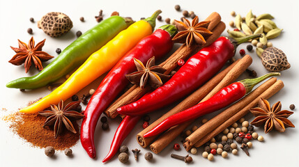 The vibrant and colorful spread of red, green and yellow chili peppers, star anise, cinnamon sticks, curry powder and cloves on white isolated background