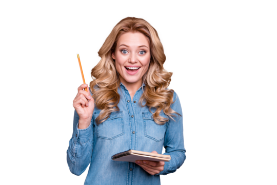 Portrait of her she nice cute lovely adorable charming attractive cheerful cheery wavy-haired lady wearing blue shirt great good cool idea strategy isolated over gray pastel background