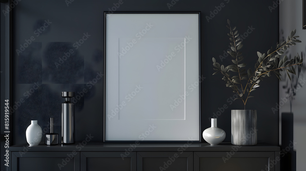 Poster mockup frame on cabinet in living room interior on empty dark wall background3d rendering : generati