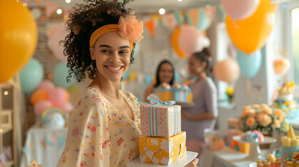 Photo realistic scene of friends joyfully hosting a baby shower with gifts and games, celebrating togetherness and the excitement of welcoming a new baby