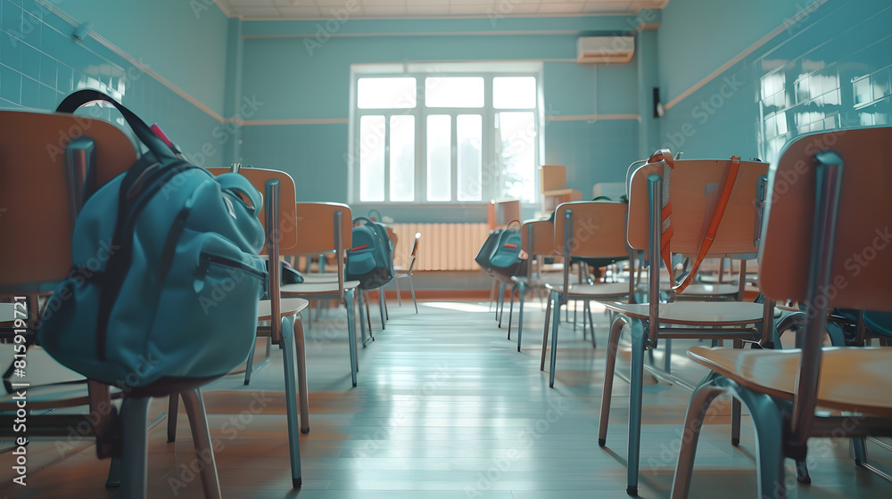 Poster interior of stylish empty classroom with backpacks and stationery : generative ai
