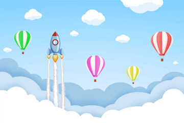 Rocket with hot air balloons is flying in a cloudscape. Stock vector illustration