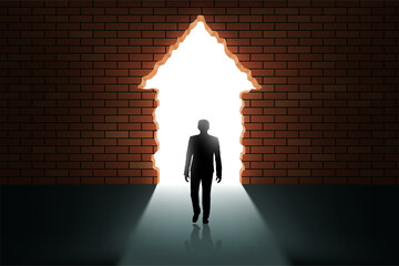 Man walks through a broken brick wall into the light. Stock vector illustration