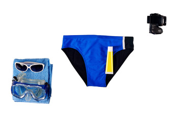 Swimming and diving snorkeling equipment for vacation on white background. Beach essentials: Men's...