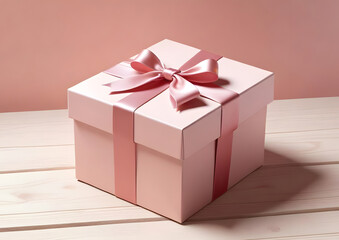 Różowe pudrowe pudełko prezentowe z różową wstążką w stylu lalki na drewnianym stole. Na różne okazje